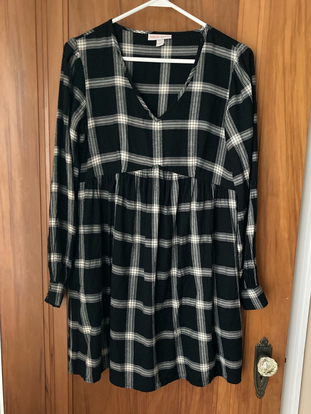 Knox Rose / Black and Cream Plaid Long Sleeve babydoll dress